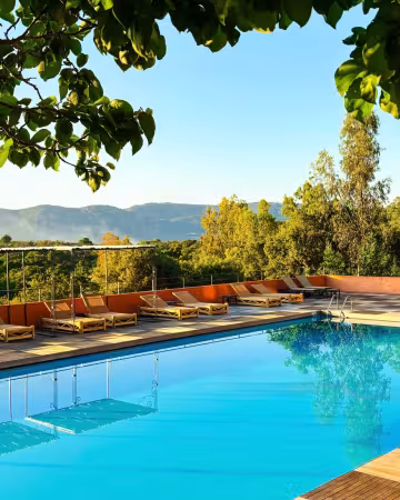 Piscine et transats sous les arbres, face aux collines