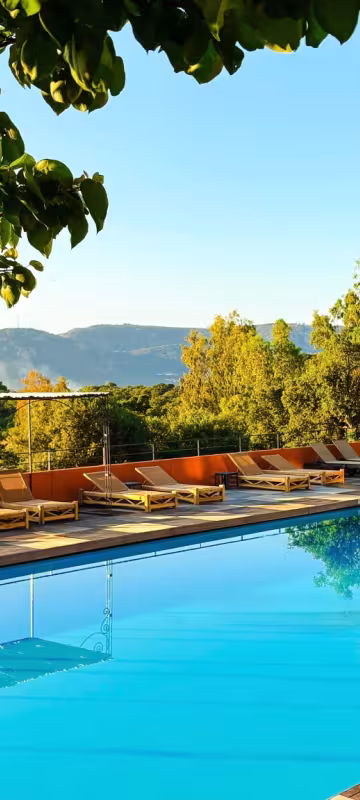 Piscine et transats sous les arbres, face aux collines